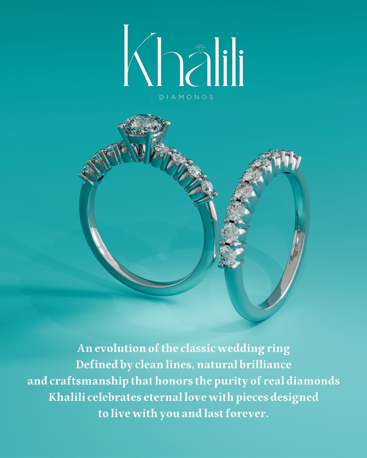 Khalili bridal rings with a round brilliant solitaire and diamond band
